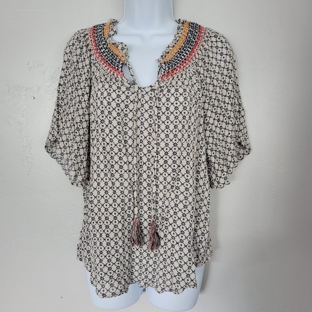 Knox Rose Black White Peasant Blouse Short Sleeve